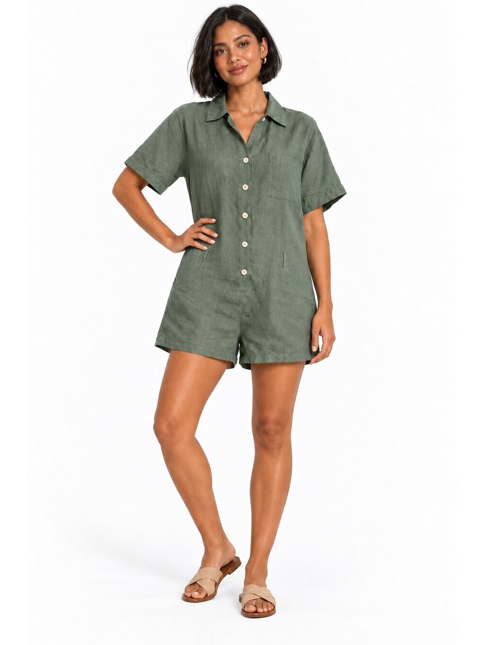 Vitamin A Linen Romper Large Green Button Front Short Sleeve Missing Waist Tie